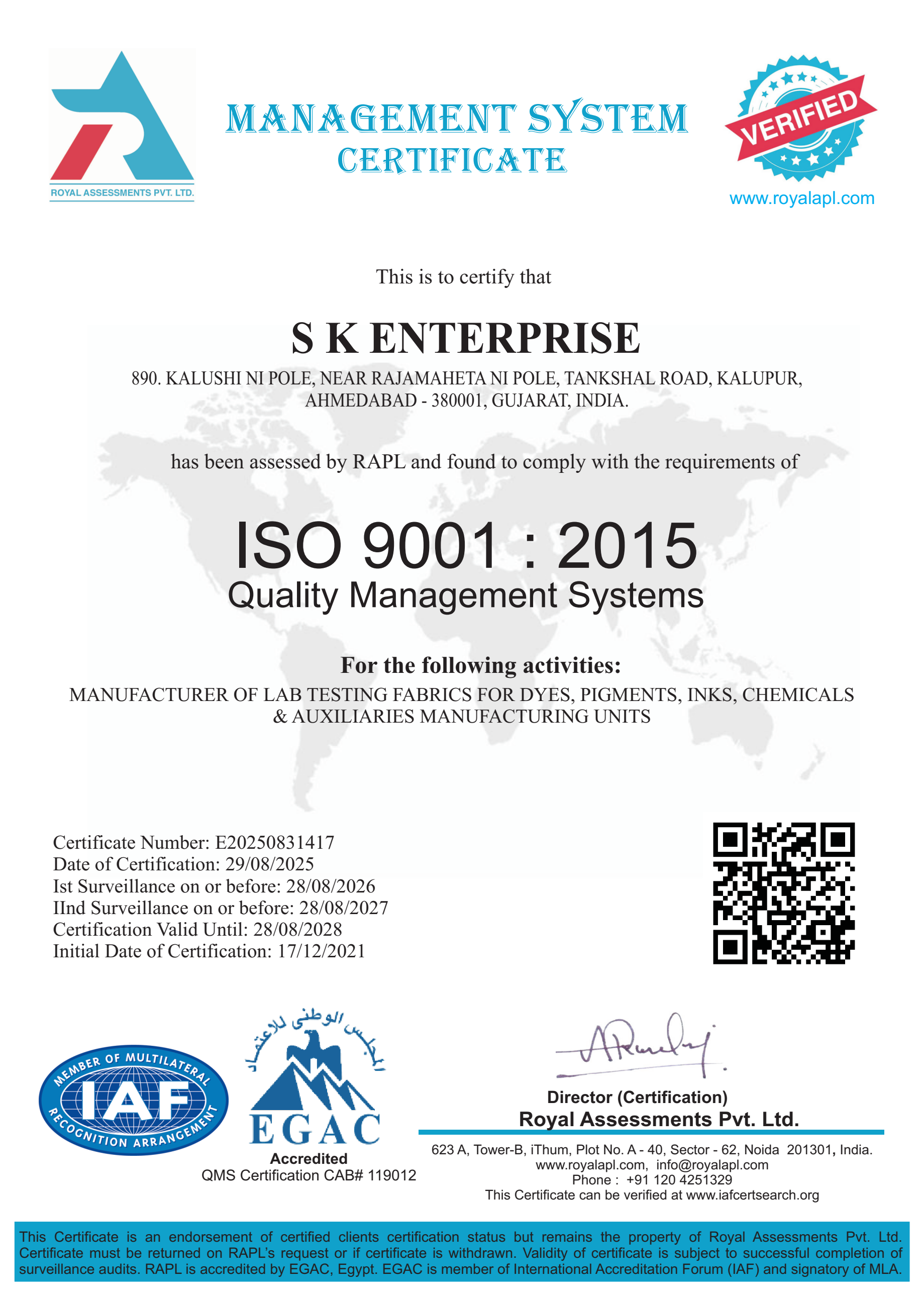 ISO 9001:2015 Certification - S.K.Enterprise